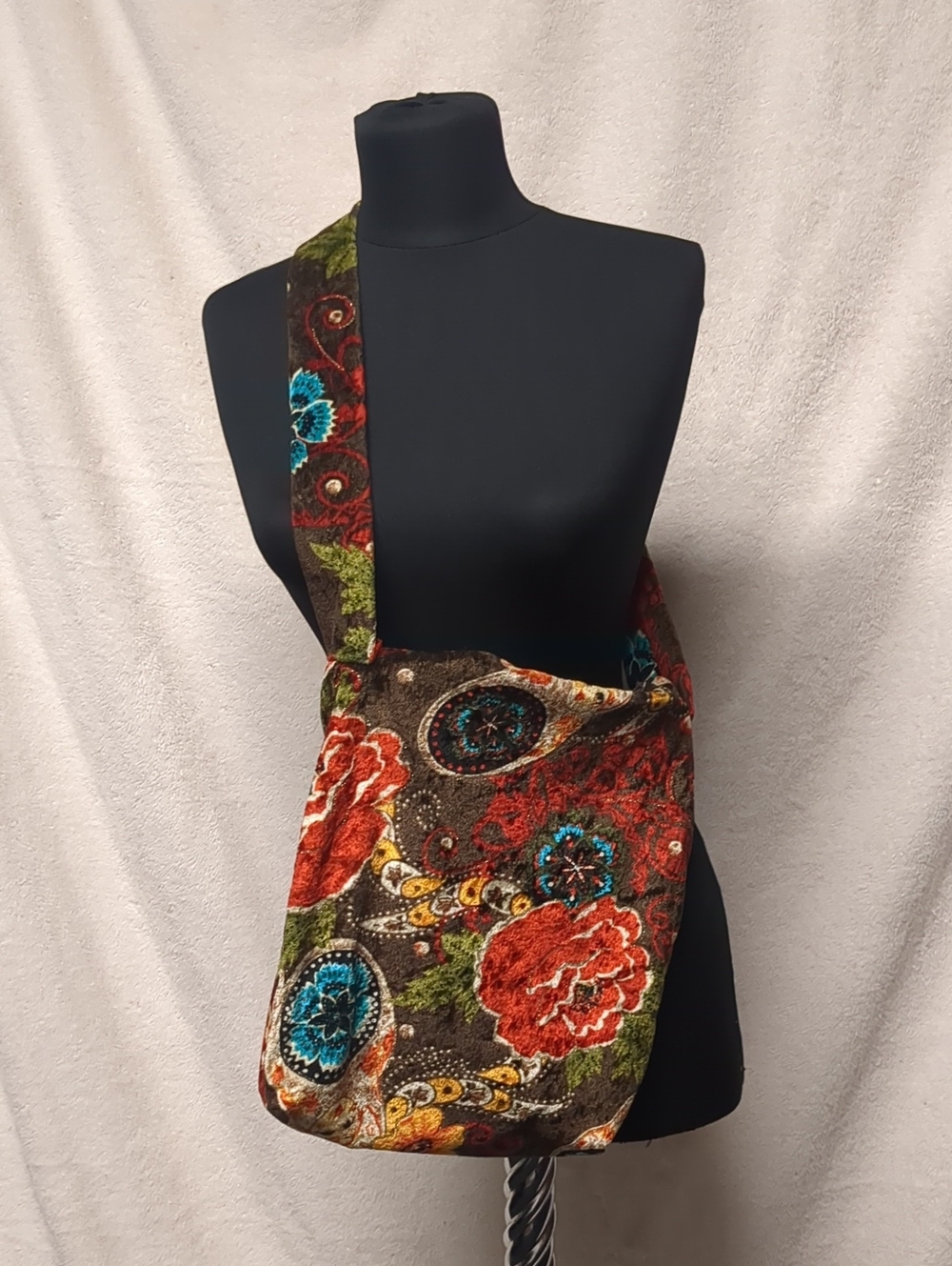 Boho Floral Crossbody Bag in Red, Teal & Brown